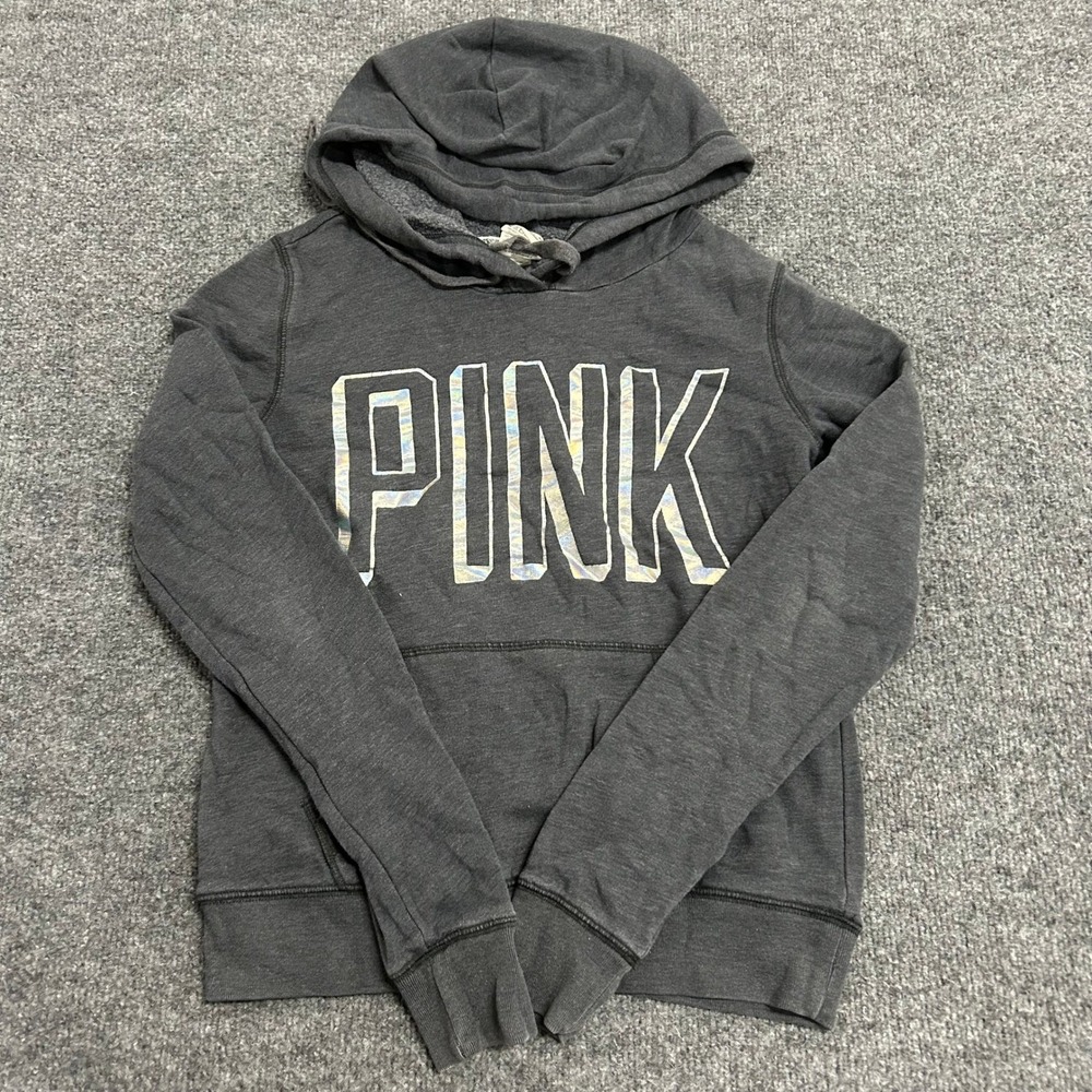 PINK Hoodie Womens Size XS Gray Iridescent Foil Logo Long Sleeve Pullover